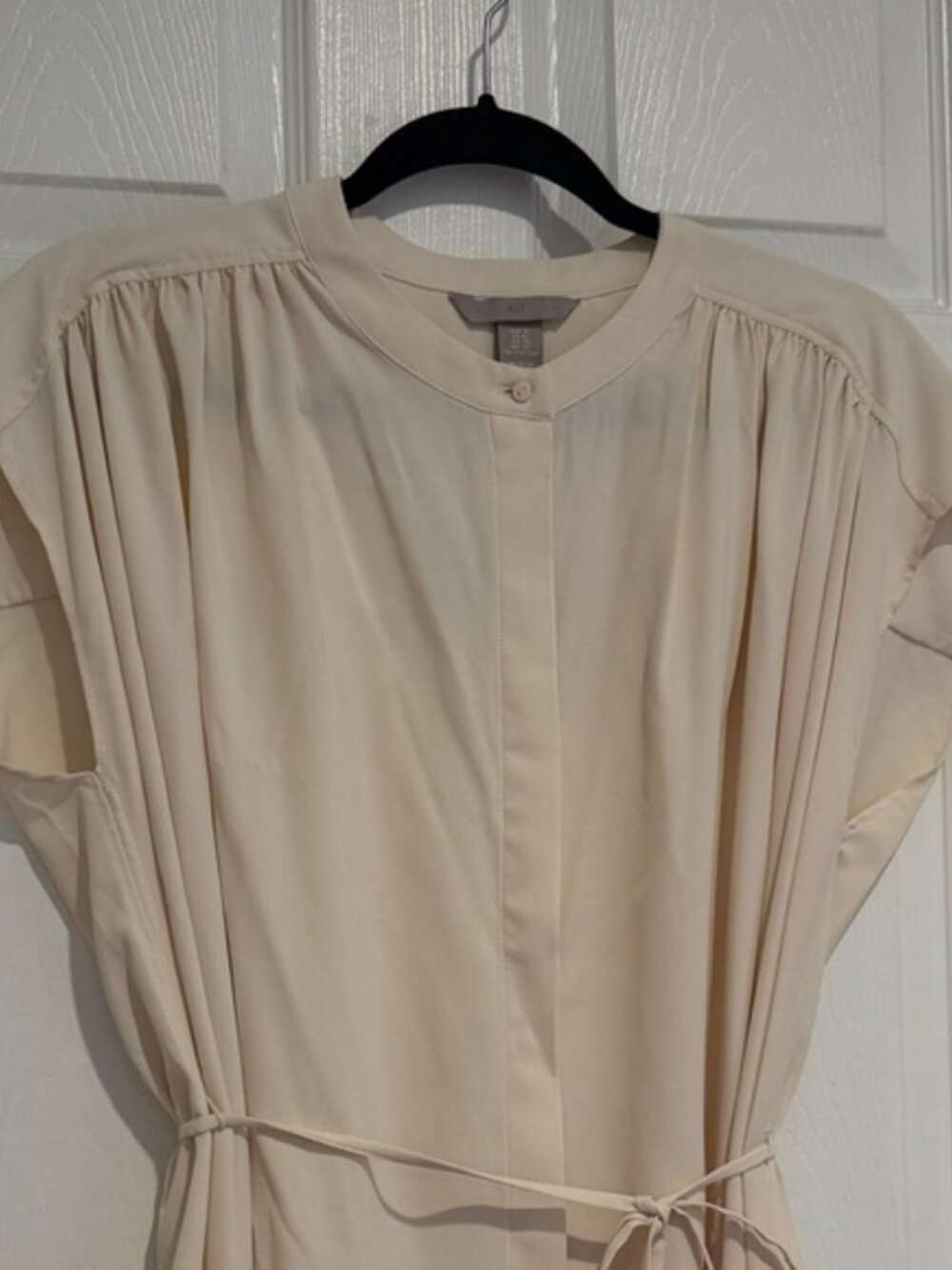 NWT H&M Cream Midi Dress XL Belted Cap Sleeve Flowy Boho Neutral Dress - Picture 2 of 11